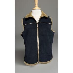 Woolrich Corduroy Sherpa Lined Vest Women's L Black Tan Pockets Ranch Western